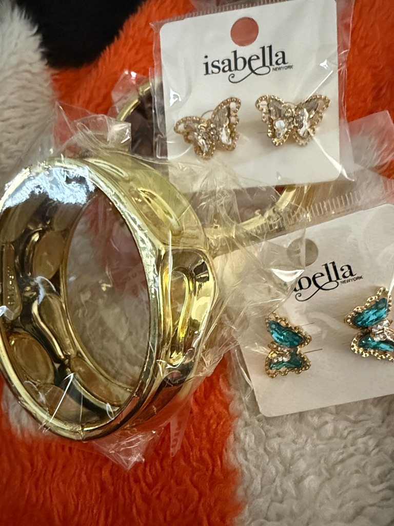 Set Of 4 - 2 Gold Hinge Bracelets & 2 Pairs Of Butterfly Earrings